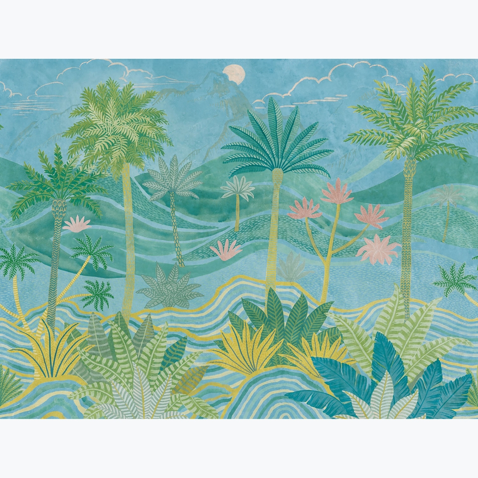 Grandeco Palm Spring Landscape Scene 7 Lane Mural Textured Mural 2.8 x 3.71m - Blue