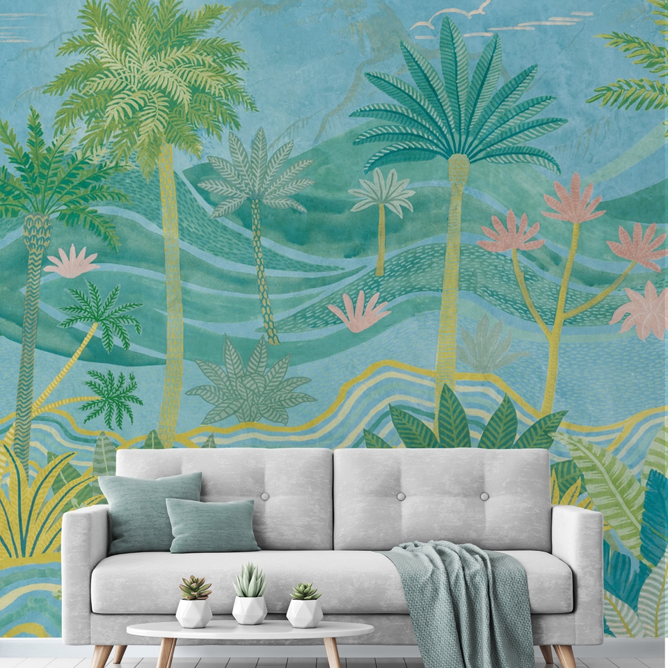 Grandeco Palm Spring Landscape Scene 7 Lane Mural Textured Mural 2.8 x 3.71m - Blue
