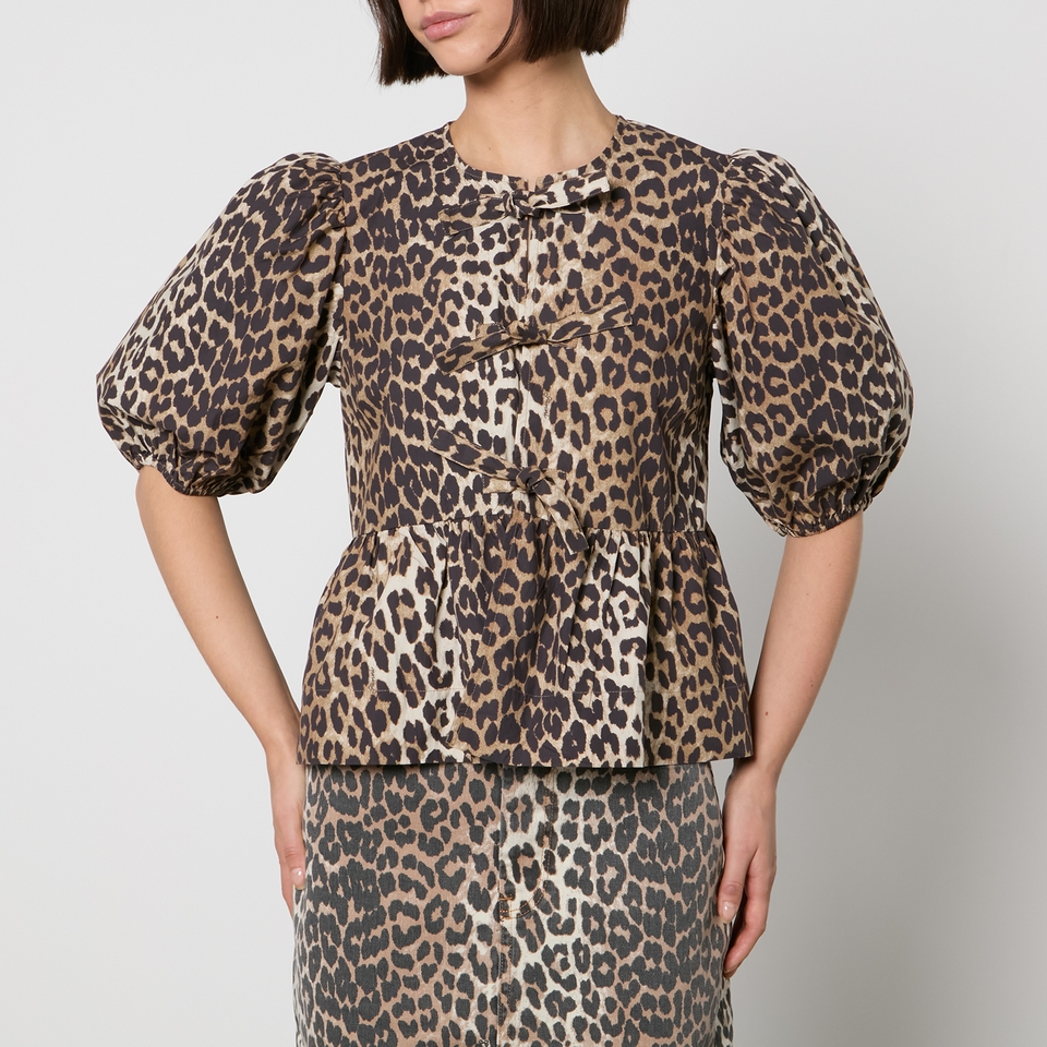 Ganni Leopard-Print Organic Cotton-Poplin Peplum Blouse - EU