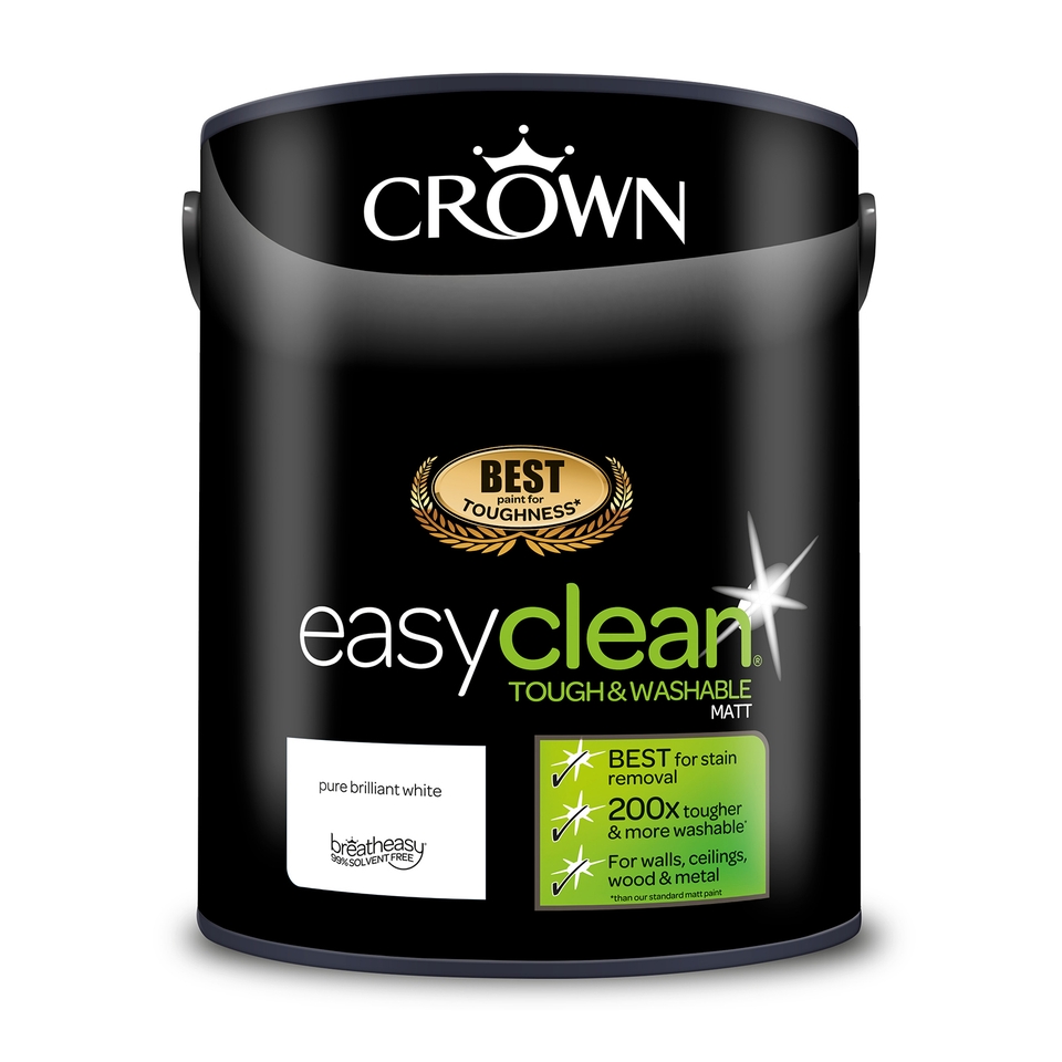 Crown Paints Easyclean Washable & Wipeable Multi Surface Matt Emulsion Paint Pure Brilliant White - 5L