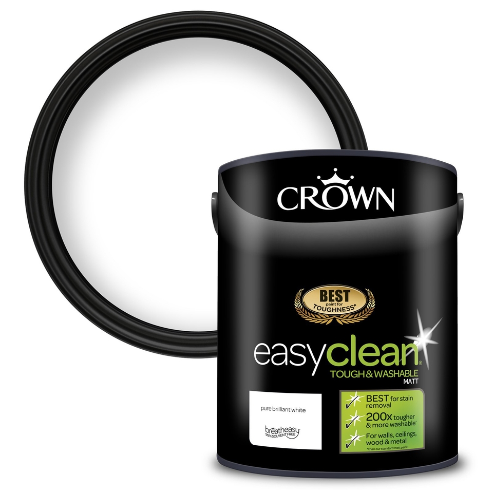 Crown Paints Easyclean Washable & Wipeable Multi Surface Matt Emulsion Paint Pure Brilliant White - 5L