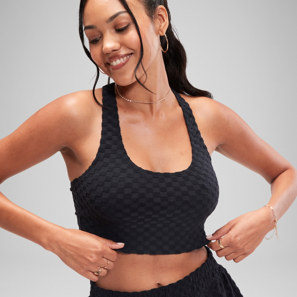 Haut court en tissu éponge Flu3nte pour femmes, noir