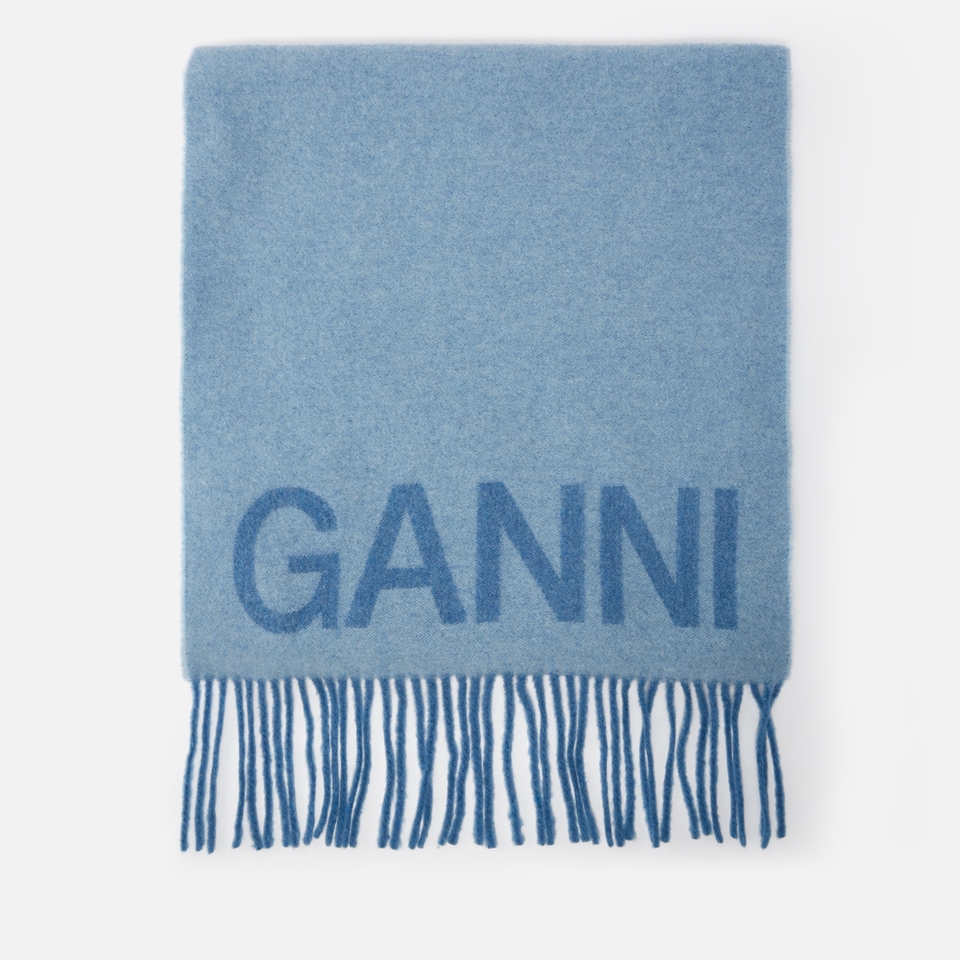 Ganni Logo-Intarsia Recycled Wool-Blend Fringed Scarf
