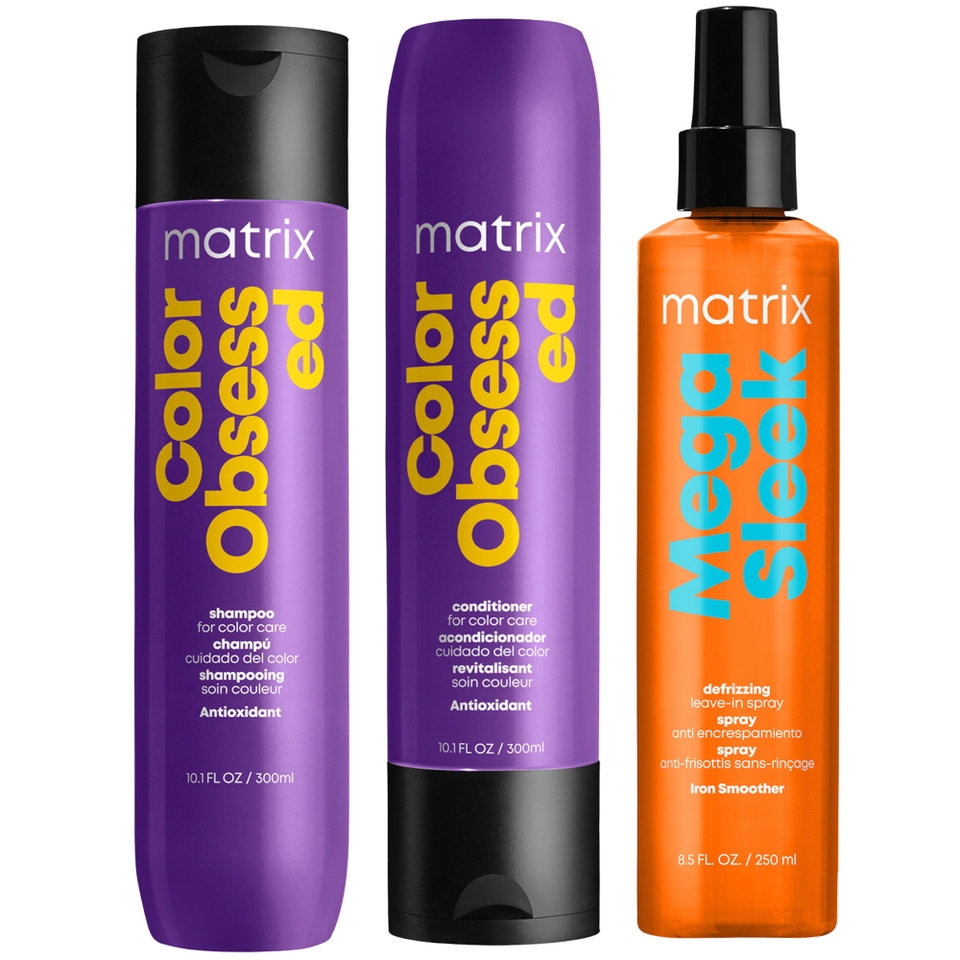 Matrix Color Obsessed Shampoo and Conditioner for Colour treated Hair and Mega Sleek Iron Smoother For Anti-Frizz Routine Bundle