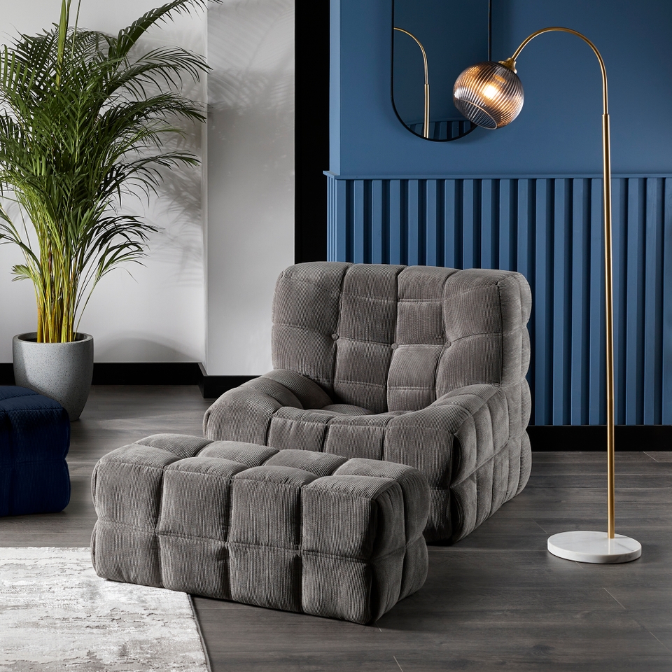 Hayes Micro Cord Pillow Chair Footstool Grey Homebase