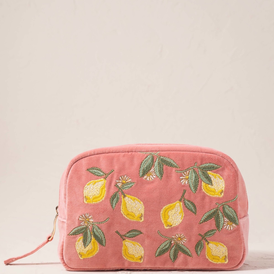 Elizabeth Scarlett Lemon Blossom Coral Velvet Cosmetics Bag