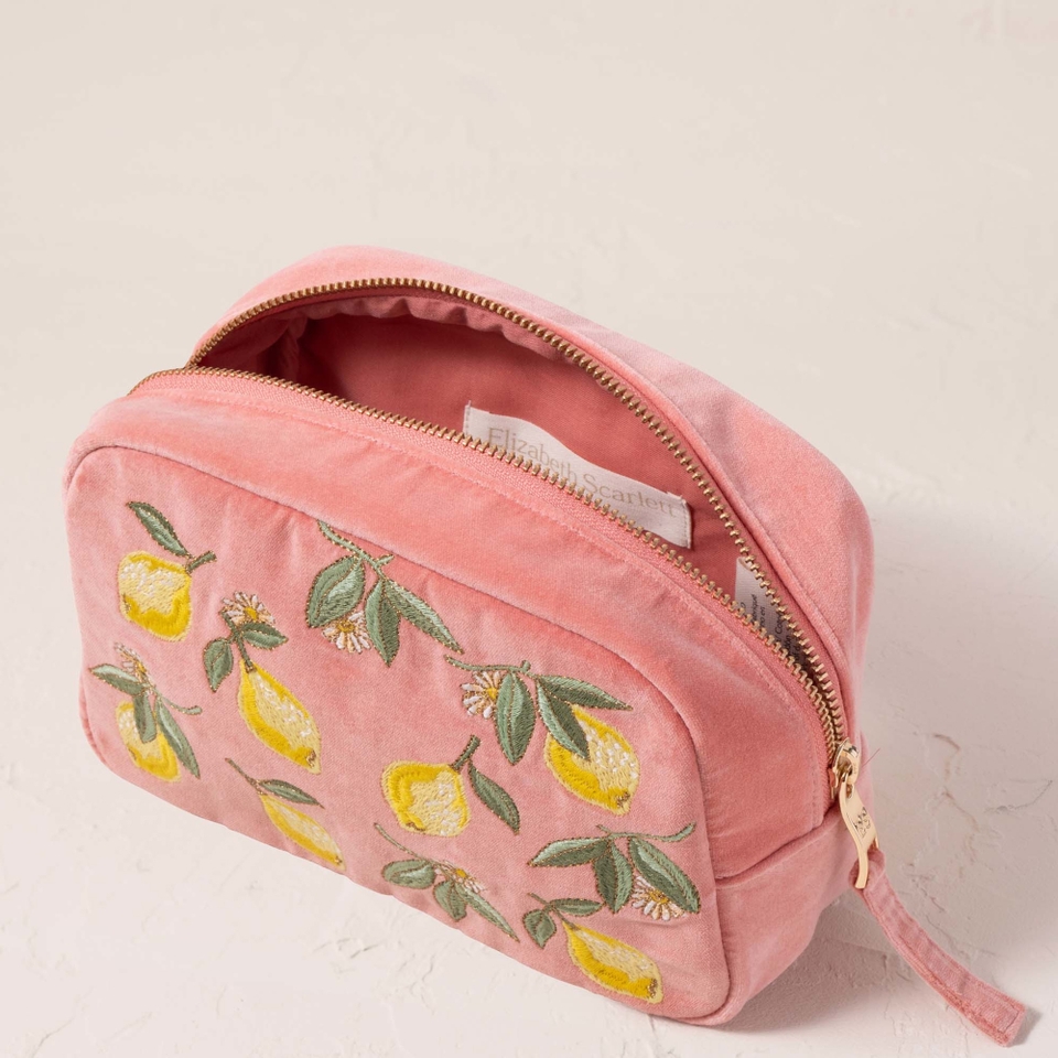 Elizabeth Scarlett Lemon Blossom Coral Velvet Cosmetics Bag
