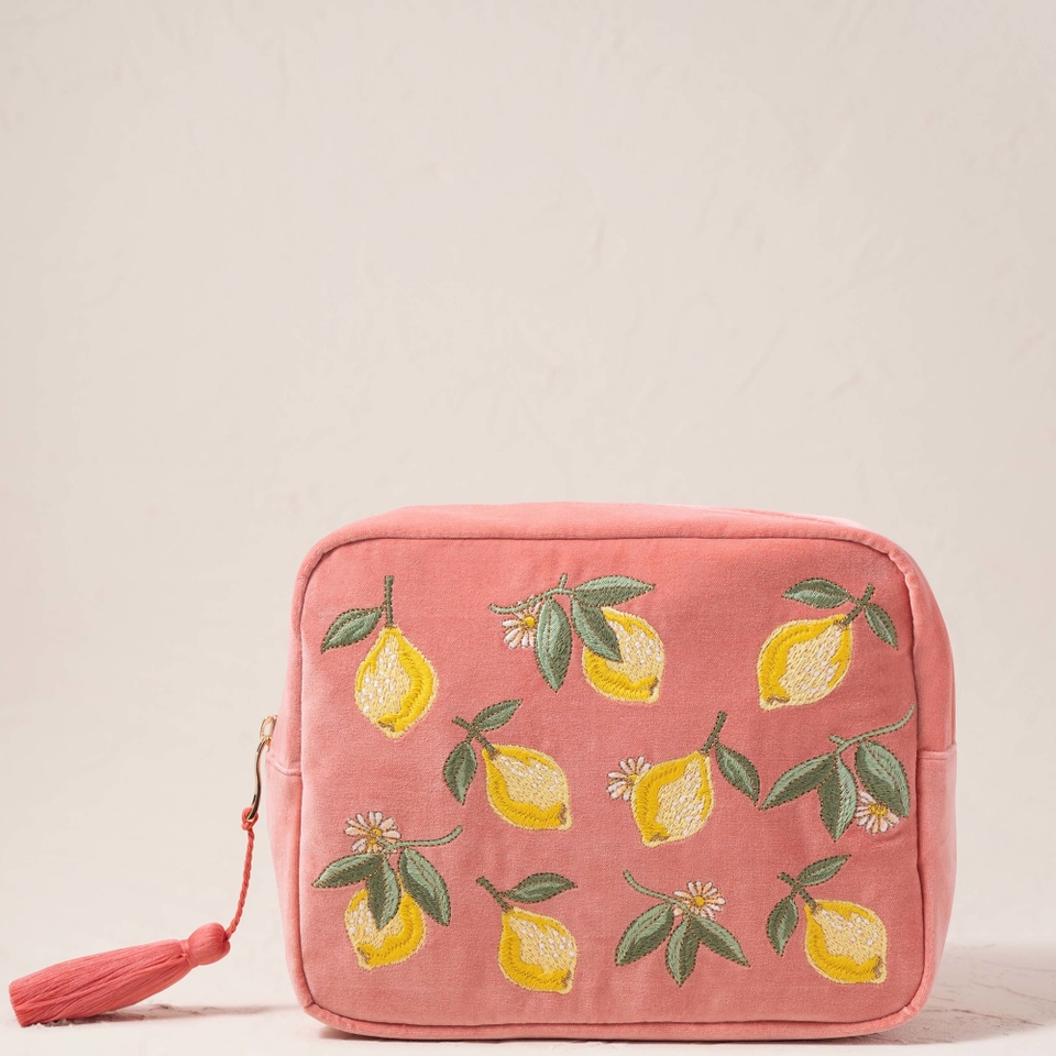 Elizabeth Scarlett Lemon Blossom Coral Velvet Wash Bag