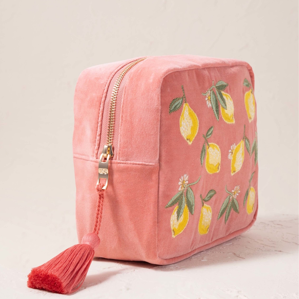 Elizabeth Scarlett Lemon Blossom Coral Velvet Wash Bag