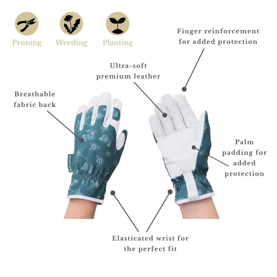 Kent & Stowe Flutterbugs Premium Leather Gardening Gloves Small Teal