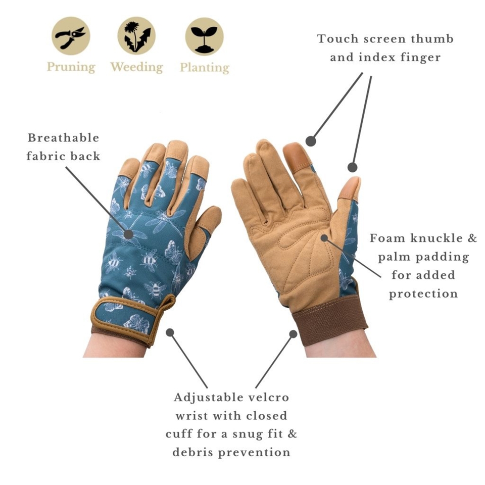 Kent & Stowe Premium Comfort Gardening Gloves Flutterbugs Small Teal