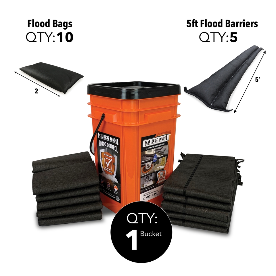 Quick Dam QDGGCO Grab & Go Bucket Combo - 5x 1.5m/5ft Flood Barriers, 10x Flood Bags (15 Piece)