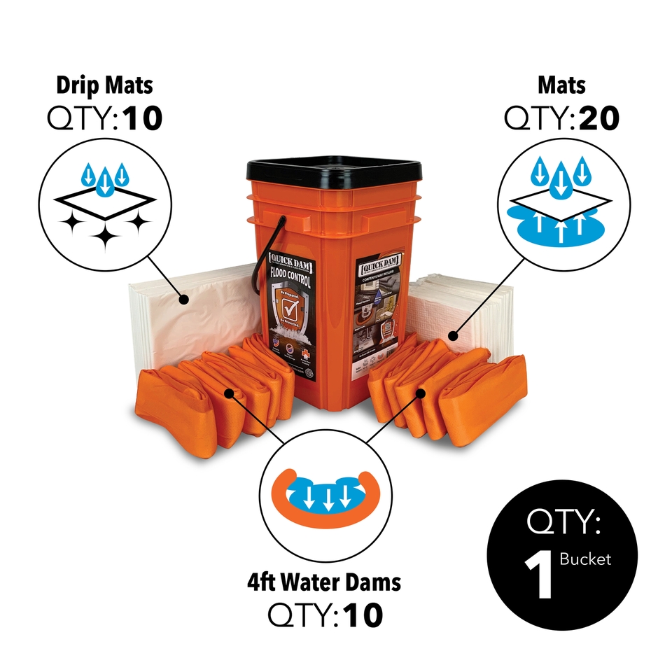 Quick Dam WUGG-V Grab & Go Indoor Bucket Kit - 20 Mats, 10 Drip Mats & 10x Hi Vis 1.2m Dams (40 Pieces)