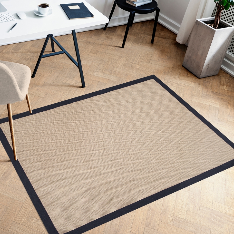 Jute Herringbone Rug with Black Border 200x290cm Homebase