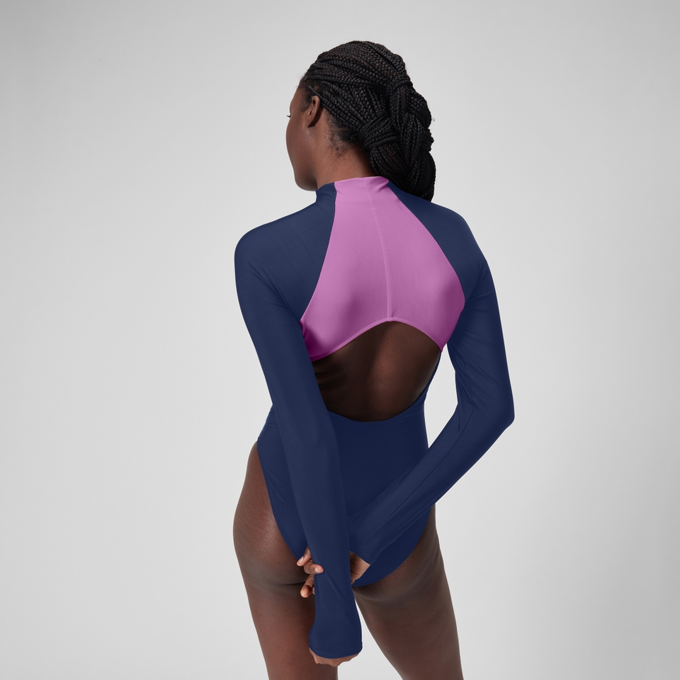 Women's Colourblock Long Sleeve Zip Swimsuit Blue