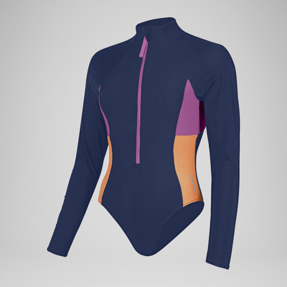 Women's Colourblock Long Sleeve Zip Swimsuit Blue