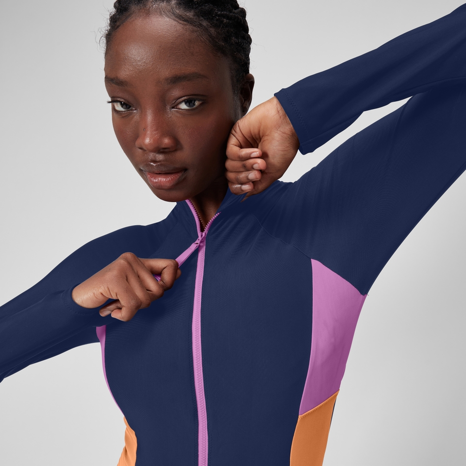 Women's Colourblock Long Sleeve Zip Swimsuit Blue