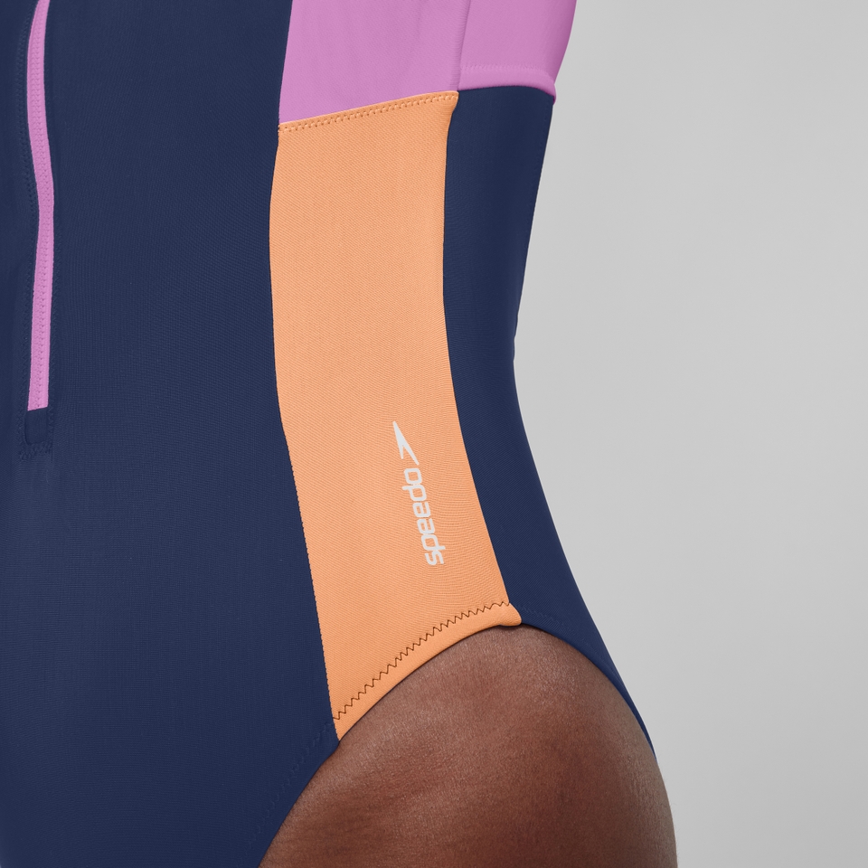 Women's Colourblock Long Sleeve Zip Swimsuit Blue