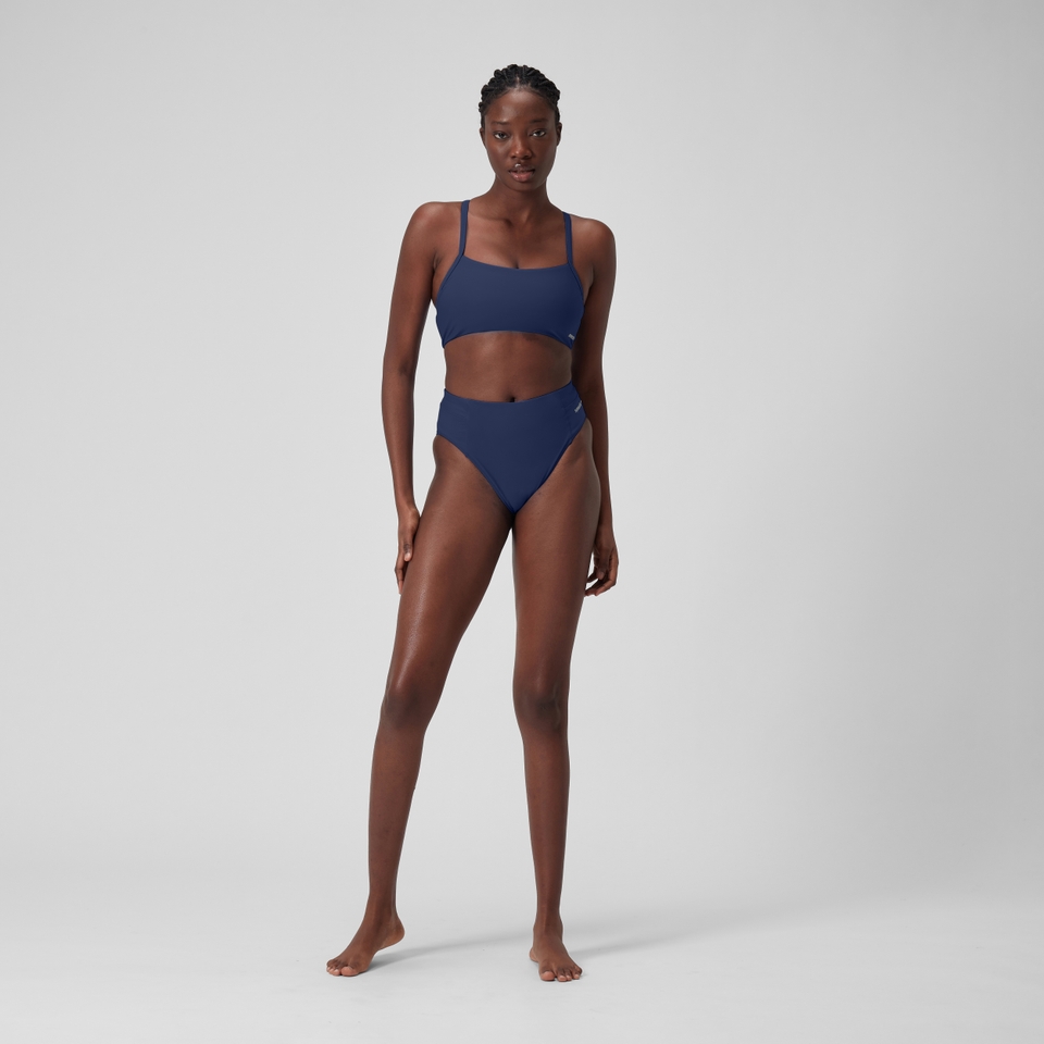 Damen Einfarbige Bikinihose mit hohem Bund Blau