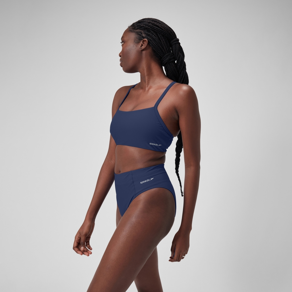 Damen Einfarbige Bikinihose mit hohem Bund Blau