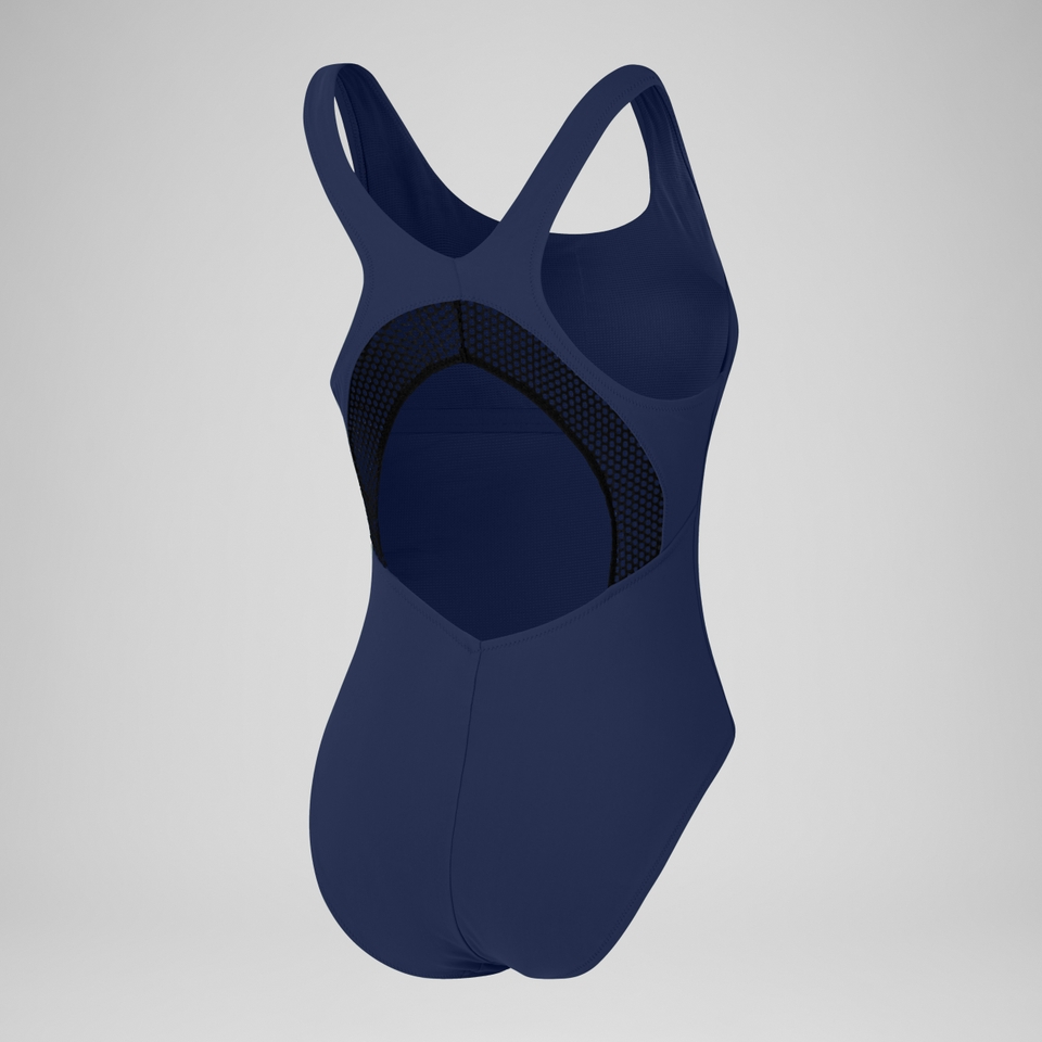 Damen Einfarbiger Badeanzug mit Rundhalsausschnitt und Mesh Blau