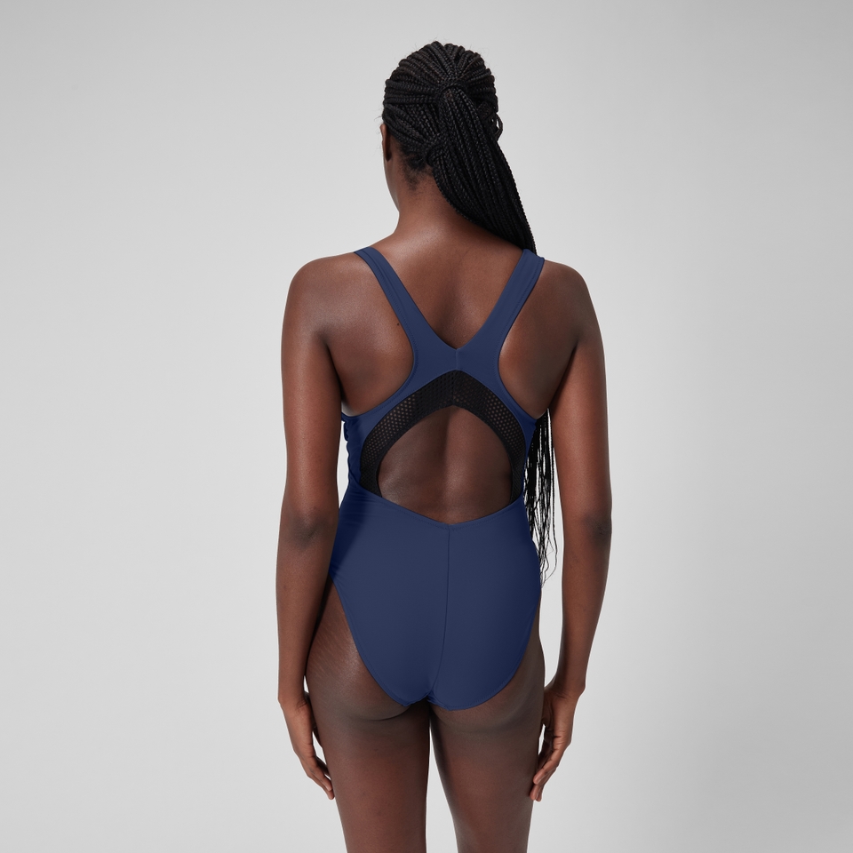 Damen Einfarbiger Badeanzug mit Rundhalsausschnitt und Mesh Blau