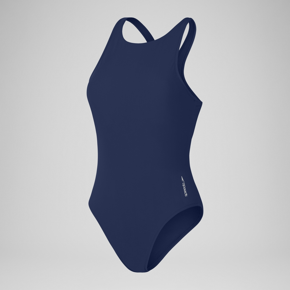 Damen Einfarbiger Badeanzug mit Rundhalsausschnitt und Mesh Blau