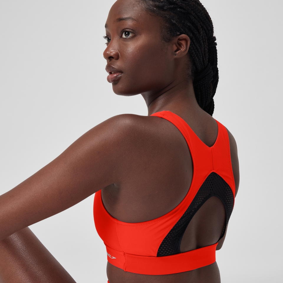 Women's Solid Highneck Top with Mesh Red