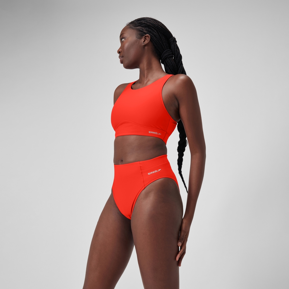 Women's Solid Highneck Top with Mesh Red