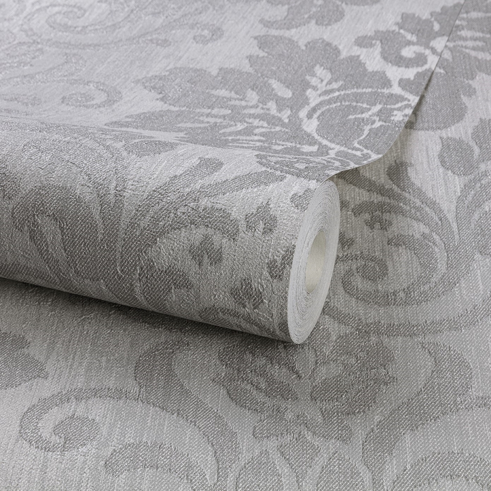Grandeco Life Fabric Damask Silver Wallpaper Homebase