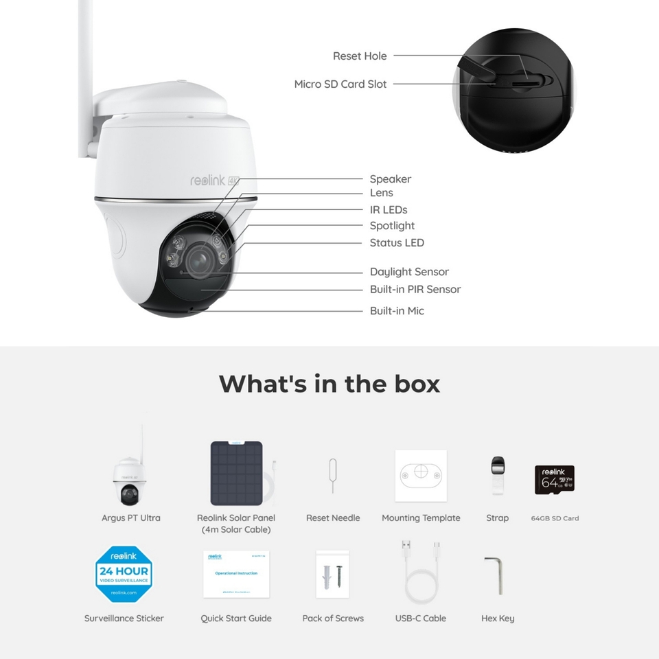 Reolink 4K Argus PT Ultra 360° AI Battery Security Camera Kit +64GB