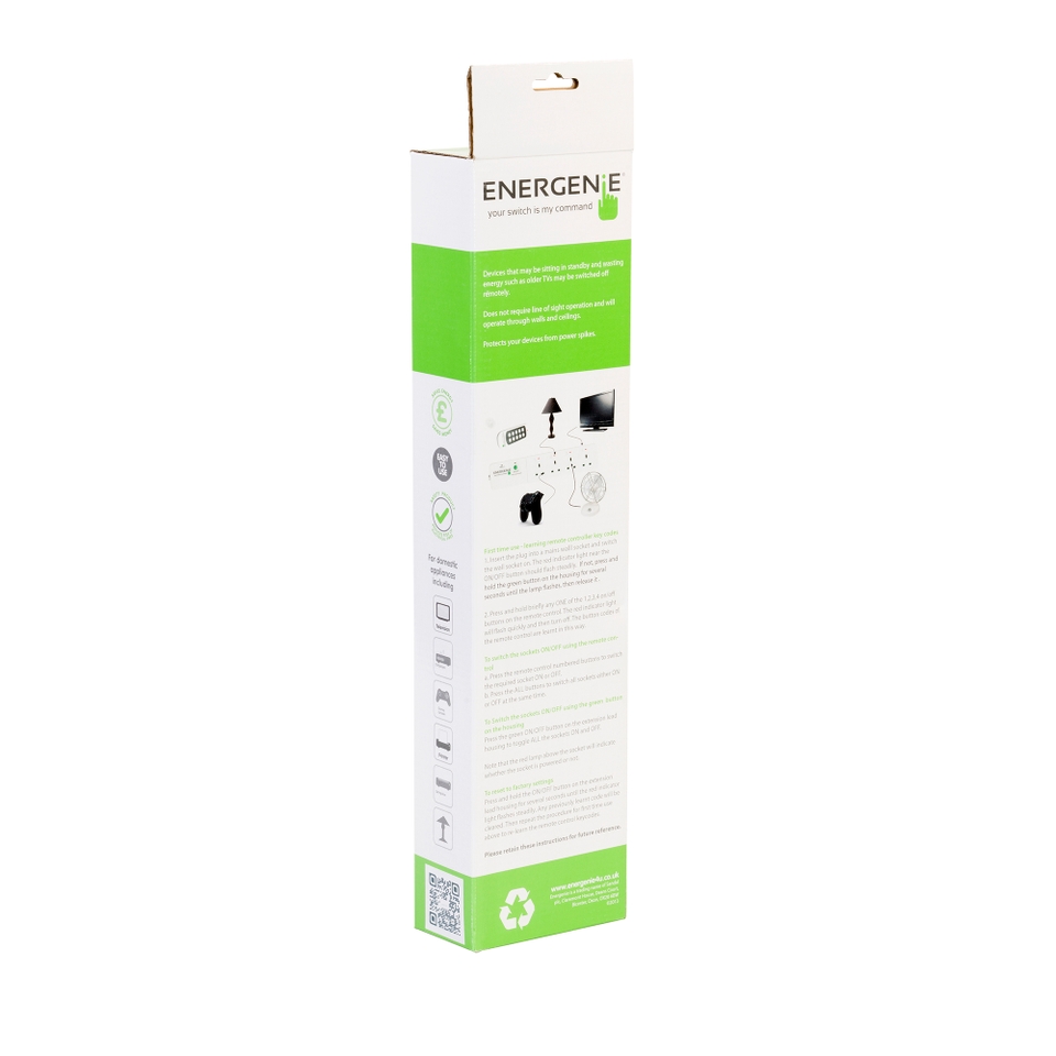 Energenie Smart 4 Socket Remote Controlled Surge Protected 1.8m Extension Lead - White