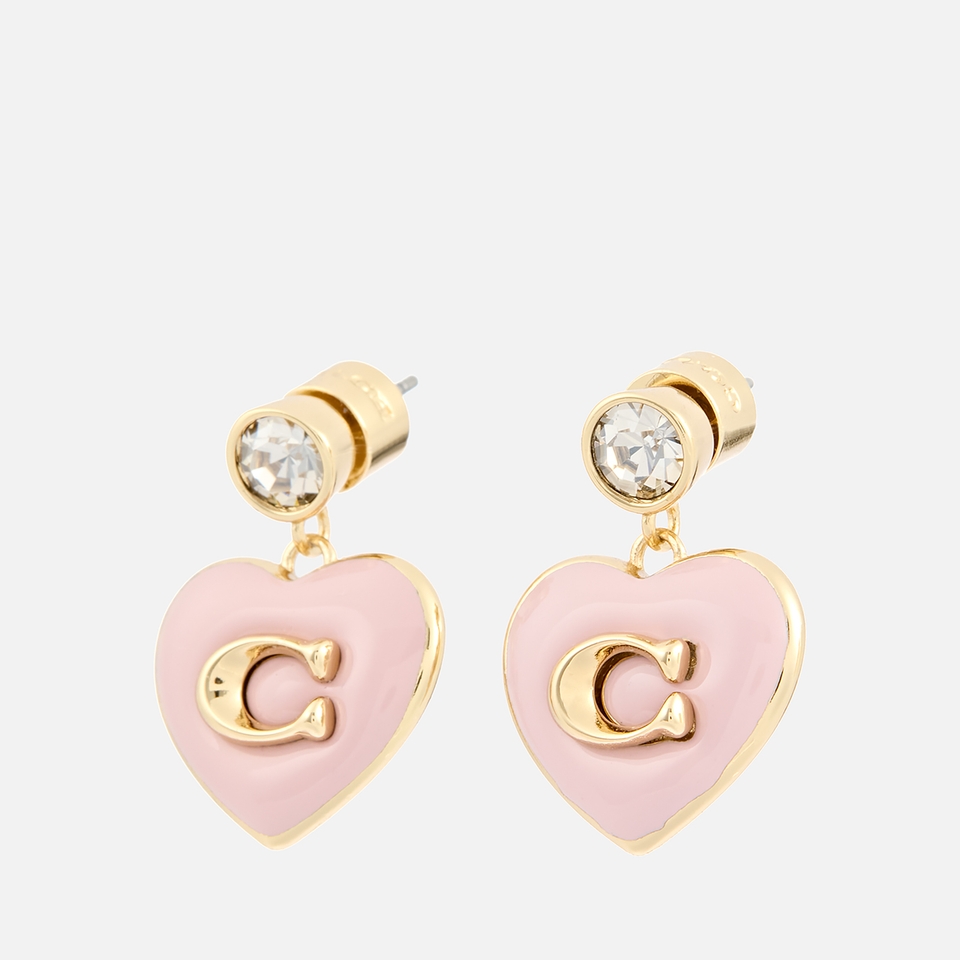 Coach Heart Drop Gold-Plated Enamel and Crystal Earrings