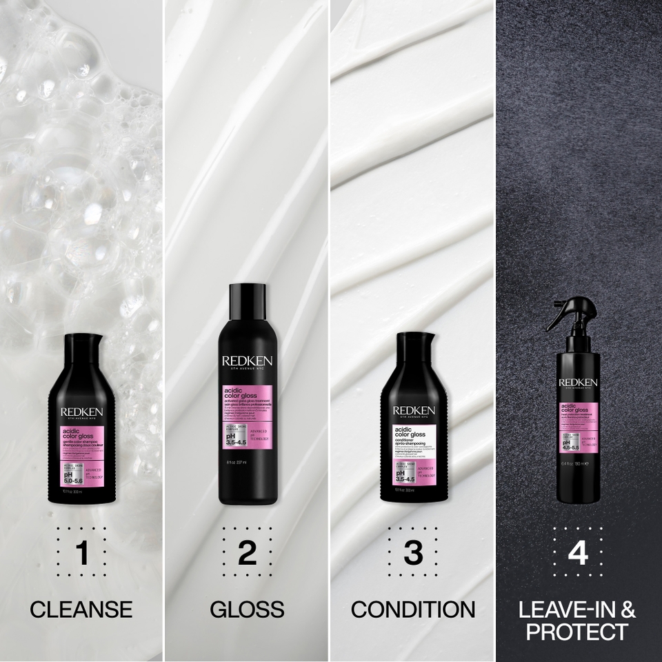 Redken Acidic Color Gloss Sulphate-Free Shampoo 300ml, Glass Gloss Treatment 237ml, Conditioner 300ml & Leave-in Treatment 190ml