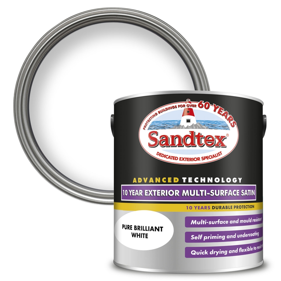 Sandtex 10 Year Multi Surface Satin Paint Pure Brilliant White 2.5L