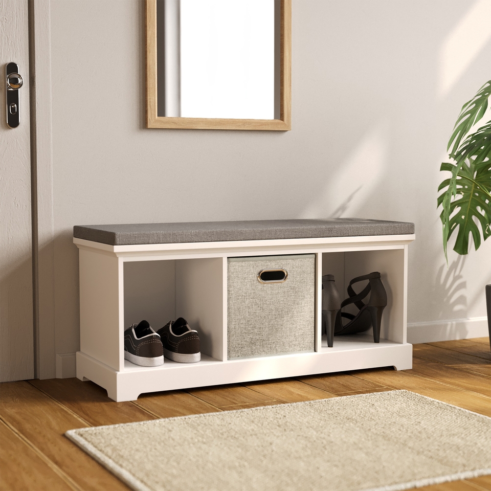 1x3 Bevelled Cube Storage Bench with Cushion White Grey
