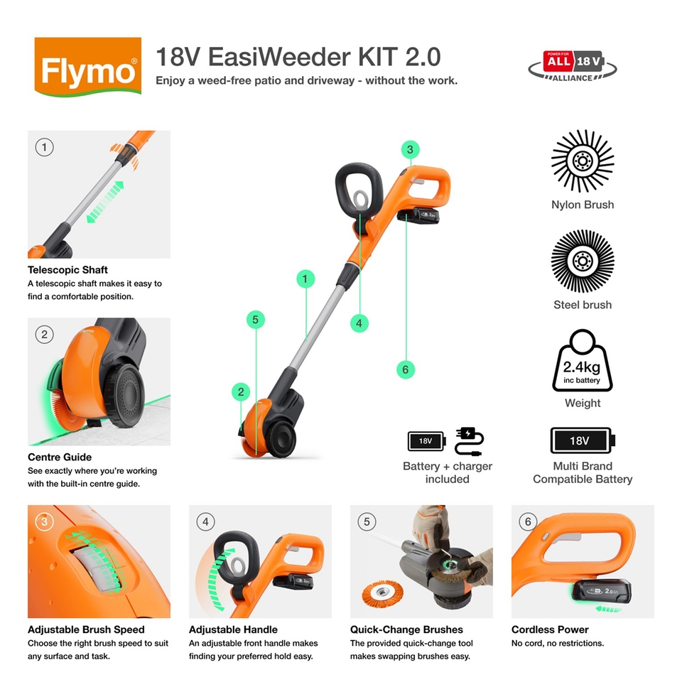 Flymo 18V EasiWeeder Kit 2.0 Cordless Weed Brush