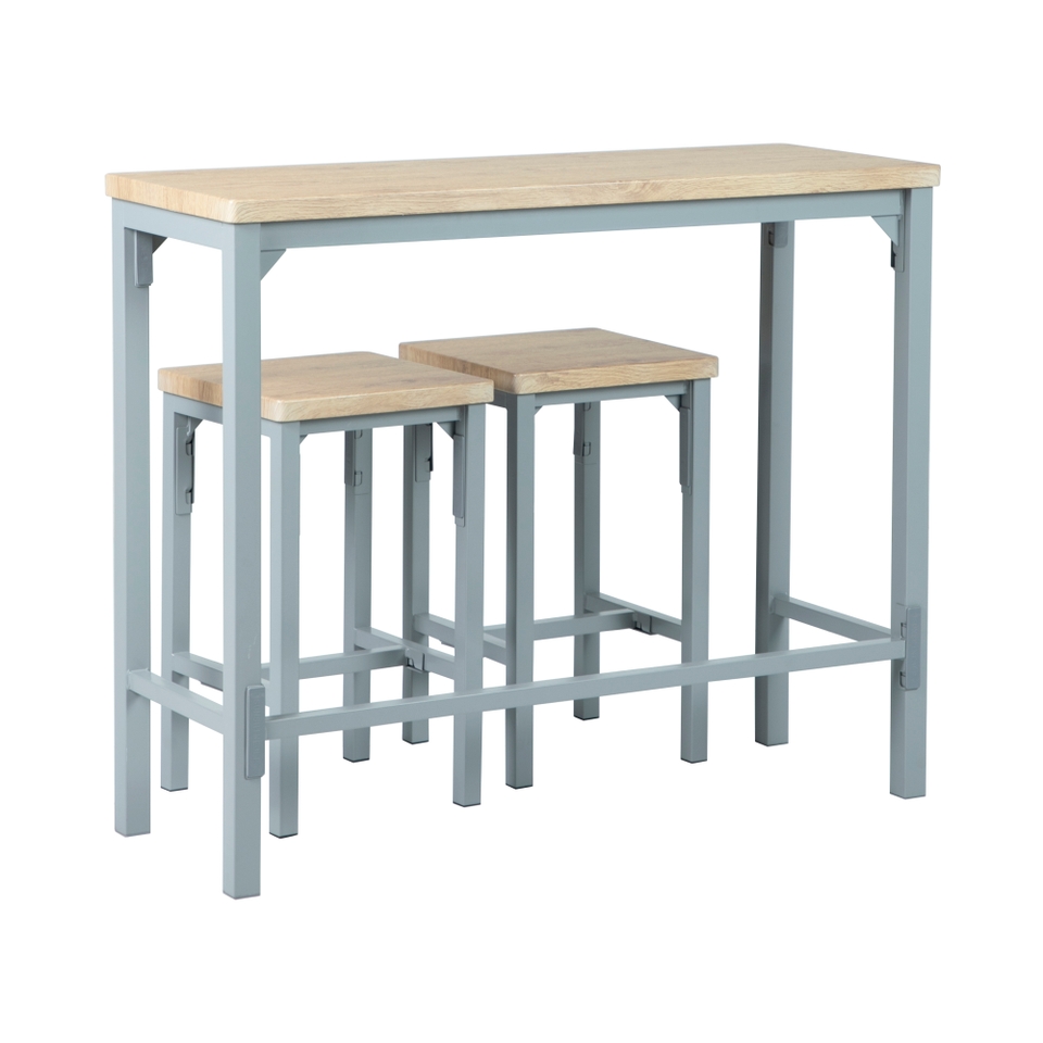 Nina 2 Seater Wood Effect Slim Bar Set with 2 Wood Effect Bar Stools Grey