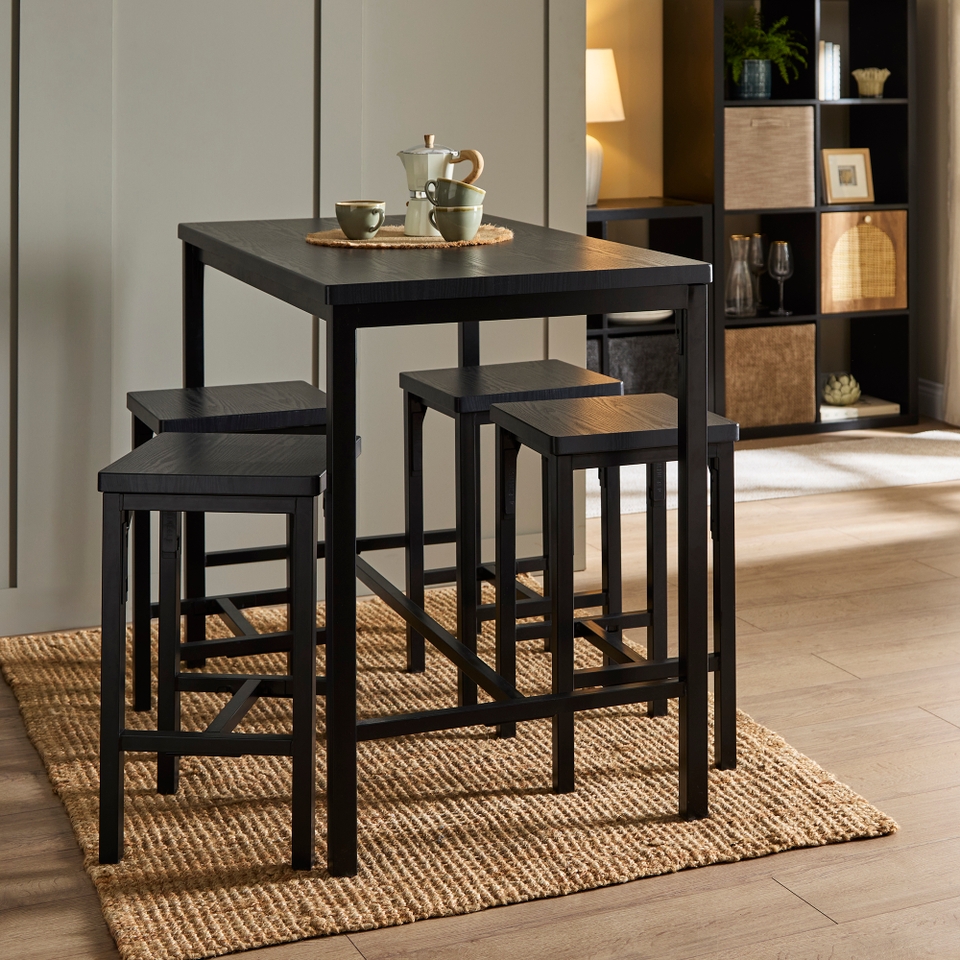 Nina 4 Seater Wood Effect Dining Nest with 4 Wood Effect Bar Stools Black