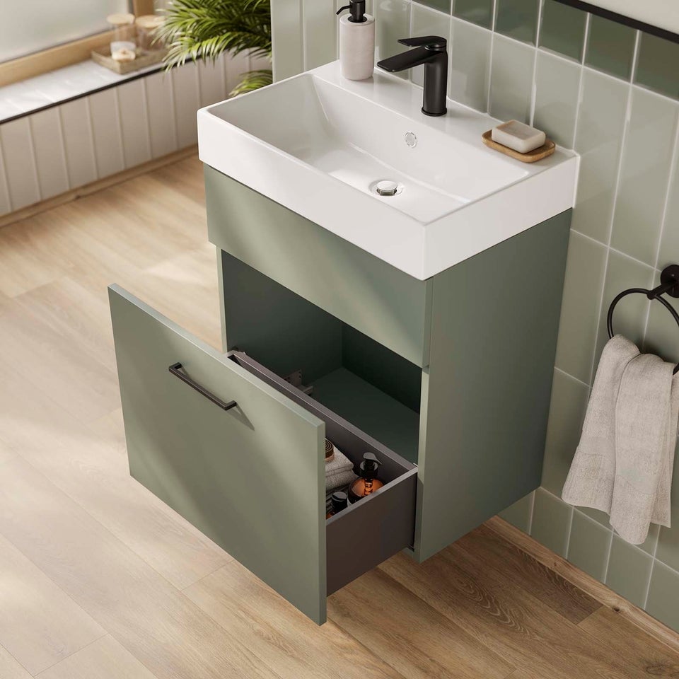 Bliss 600mm Wall Hung 1 Drawer Vanity Unit & Basin - Reed Green | Homebase