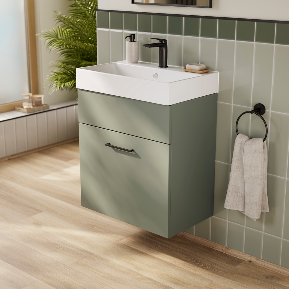 Bliss 600mm Wall Hung 1 Drawer Vanity Unit & Basin Reed Green Homebase