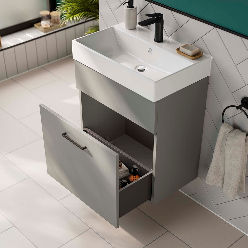 Bliss 600mm Wall Hung 1 Drawer Vanity Unit & Basin Dust Grey Homebase