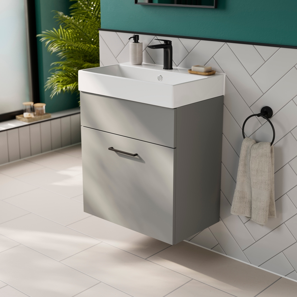 Bliss 600mm Wall Hung 1 Drawer Vanity Unit & Basin Dust Grey Homebase