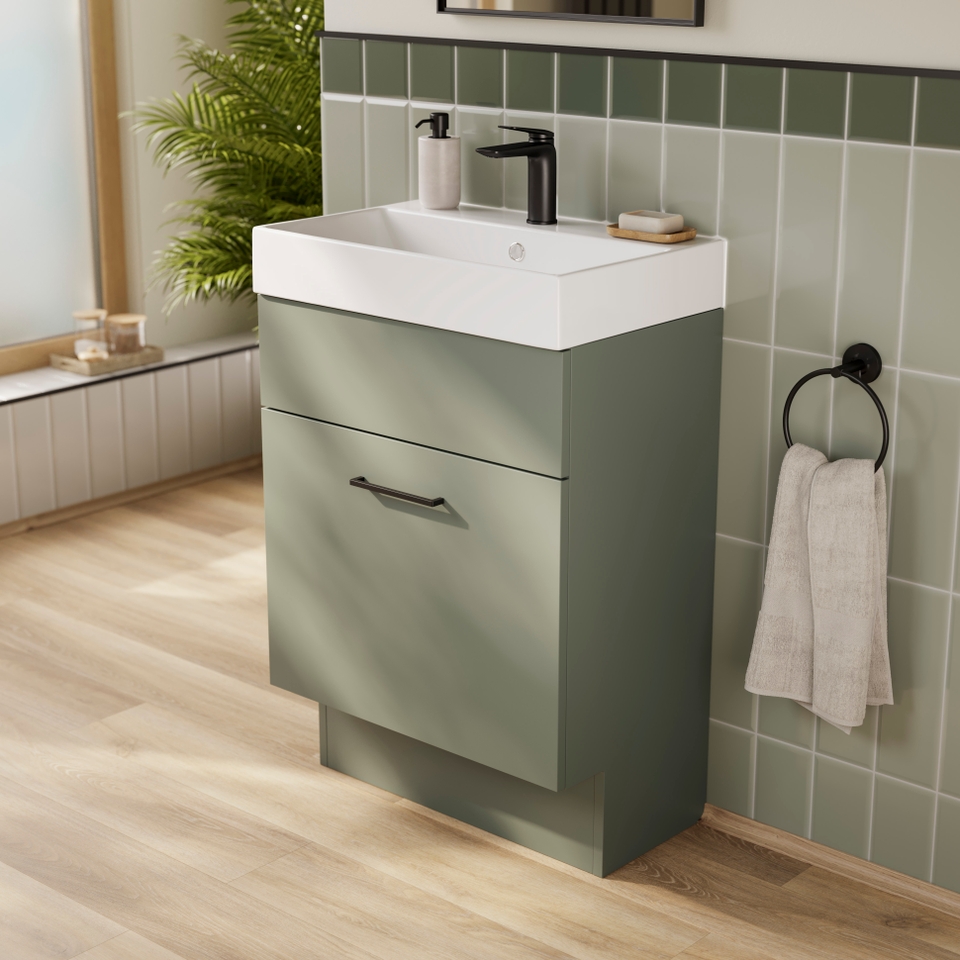 Bliss 600mm Floor Standing 1 Drawer Vanity Unit & Basin Reed Green