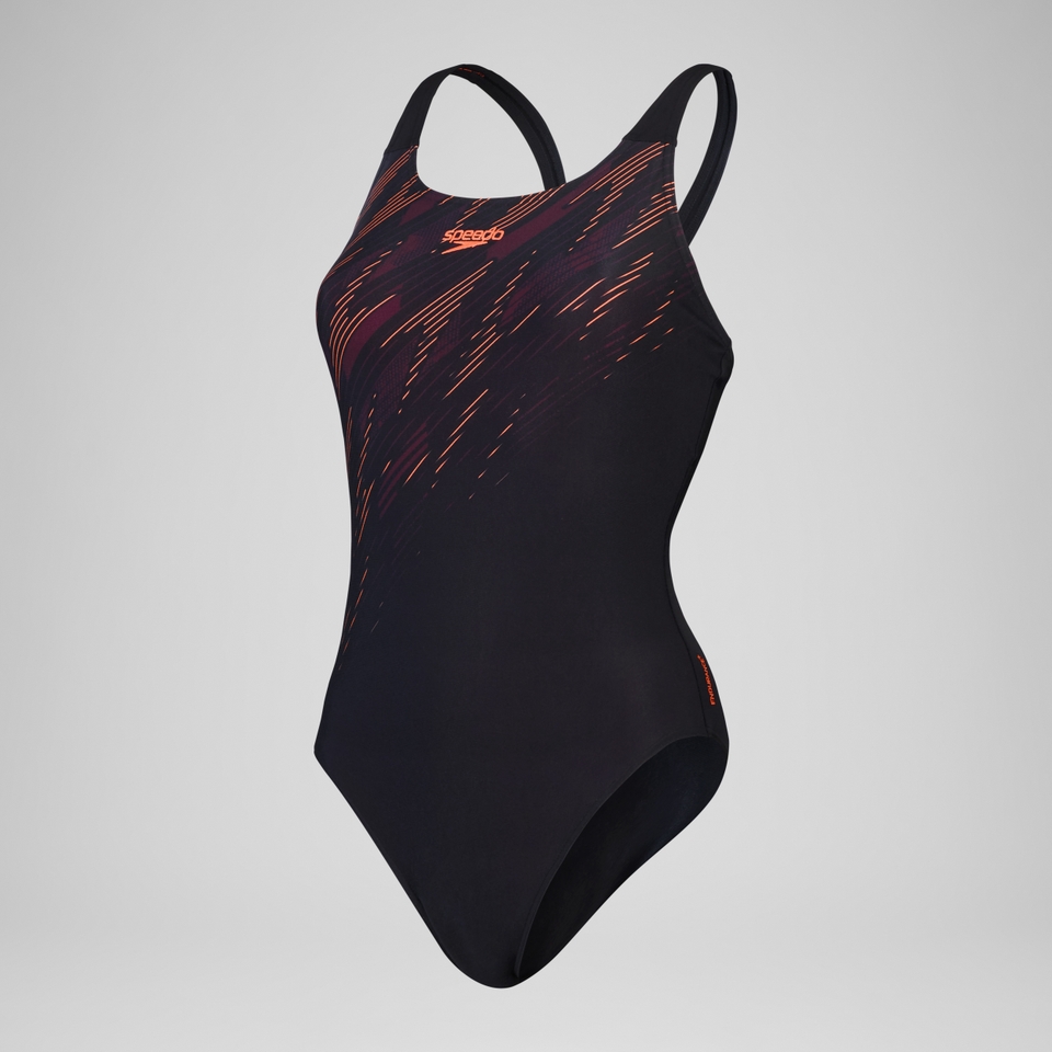 Damen HyperBoom Muscleback Badeanzug mit Print Schwarz/Rot