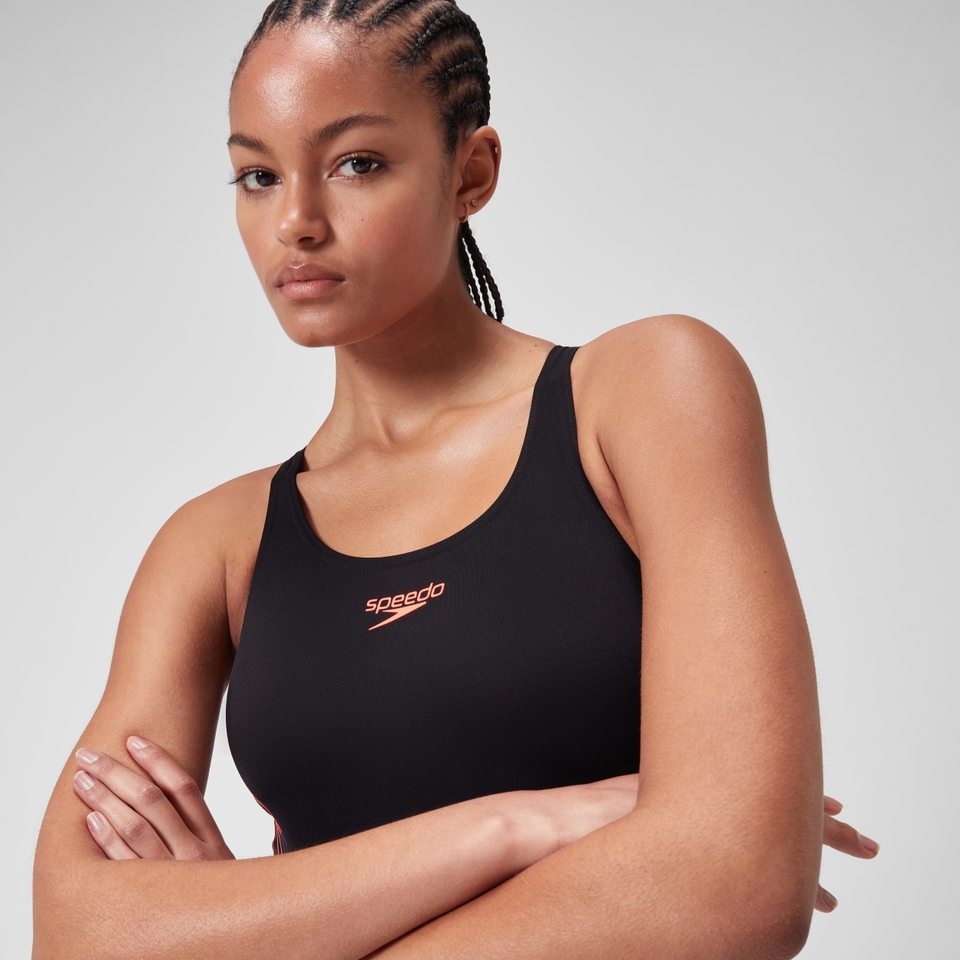 Damen Muscleback Badeanzug mit Print Schwarz/Lila