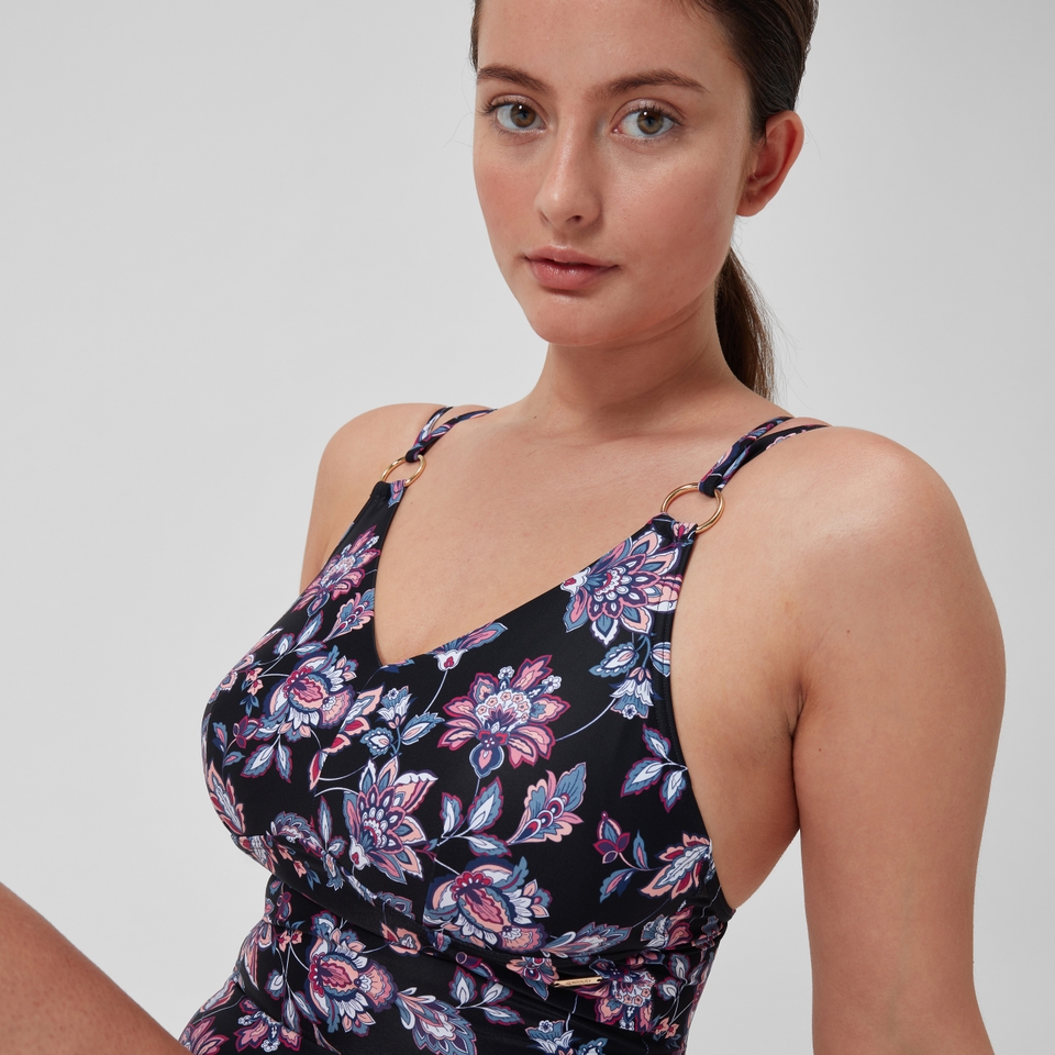 Damen Shaping-Badeanzug mit bedruckten Trägern Schwarz/Lila