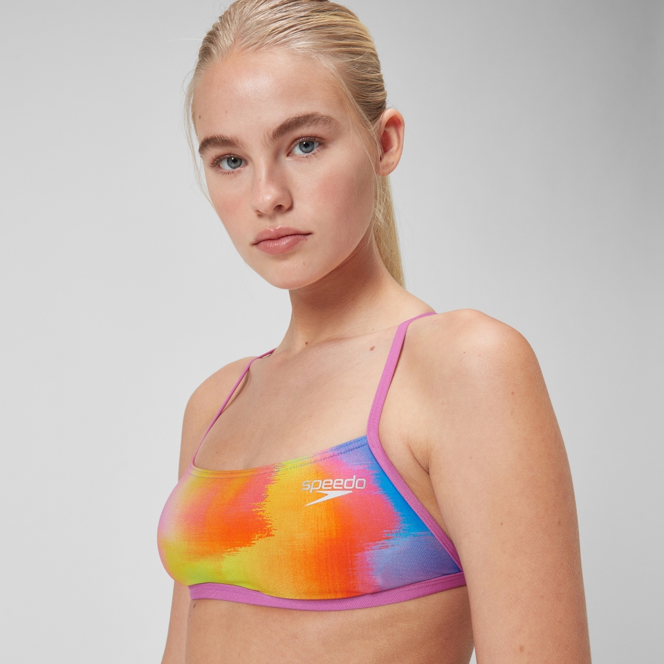 Damen Kurztop mit überkreuztem Rücken und digitalem Allover-Print Pink/Gelb