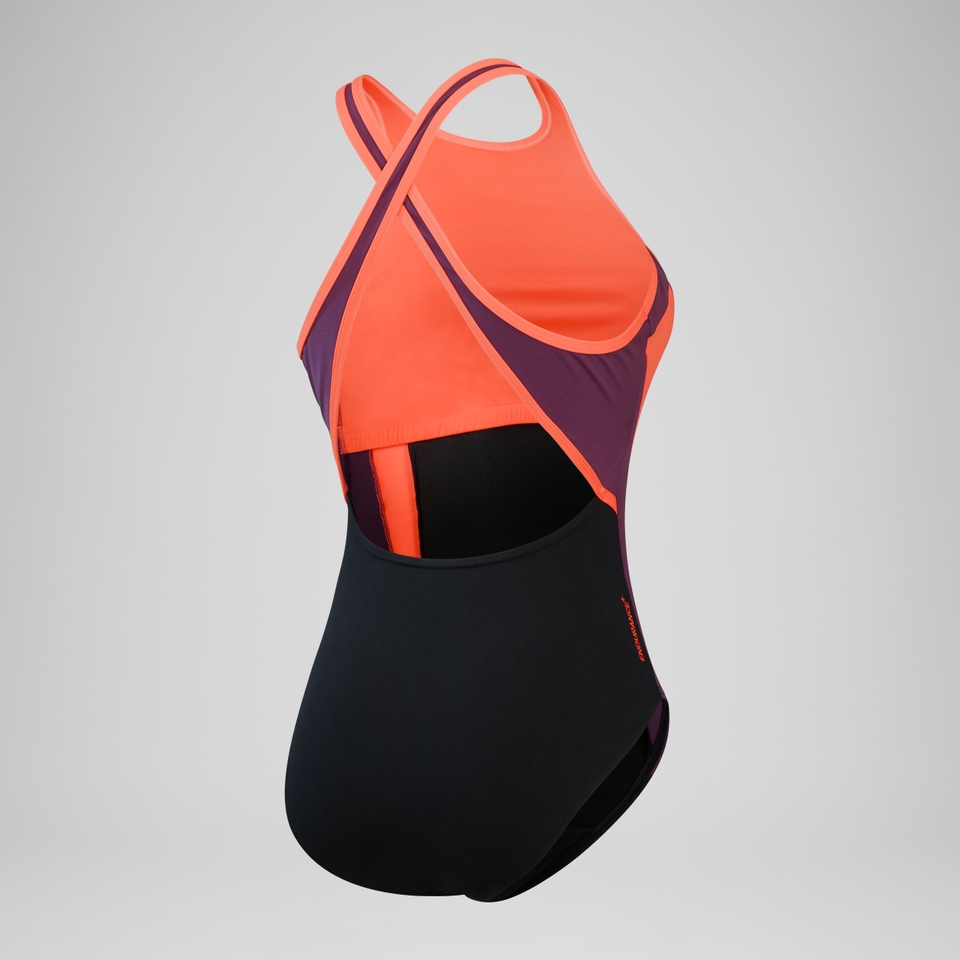 Women's High Neck Splice Cross Back Swimsuit Black/Purple