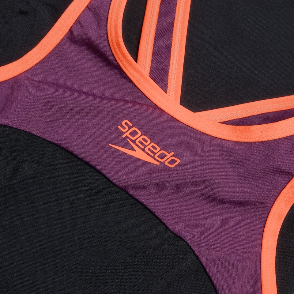 Women's High Neck Splice Cross Back Swimsuit Black/Purple